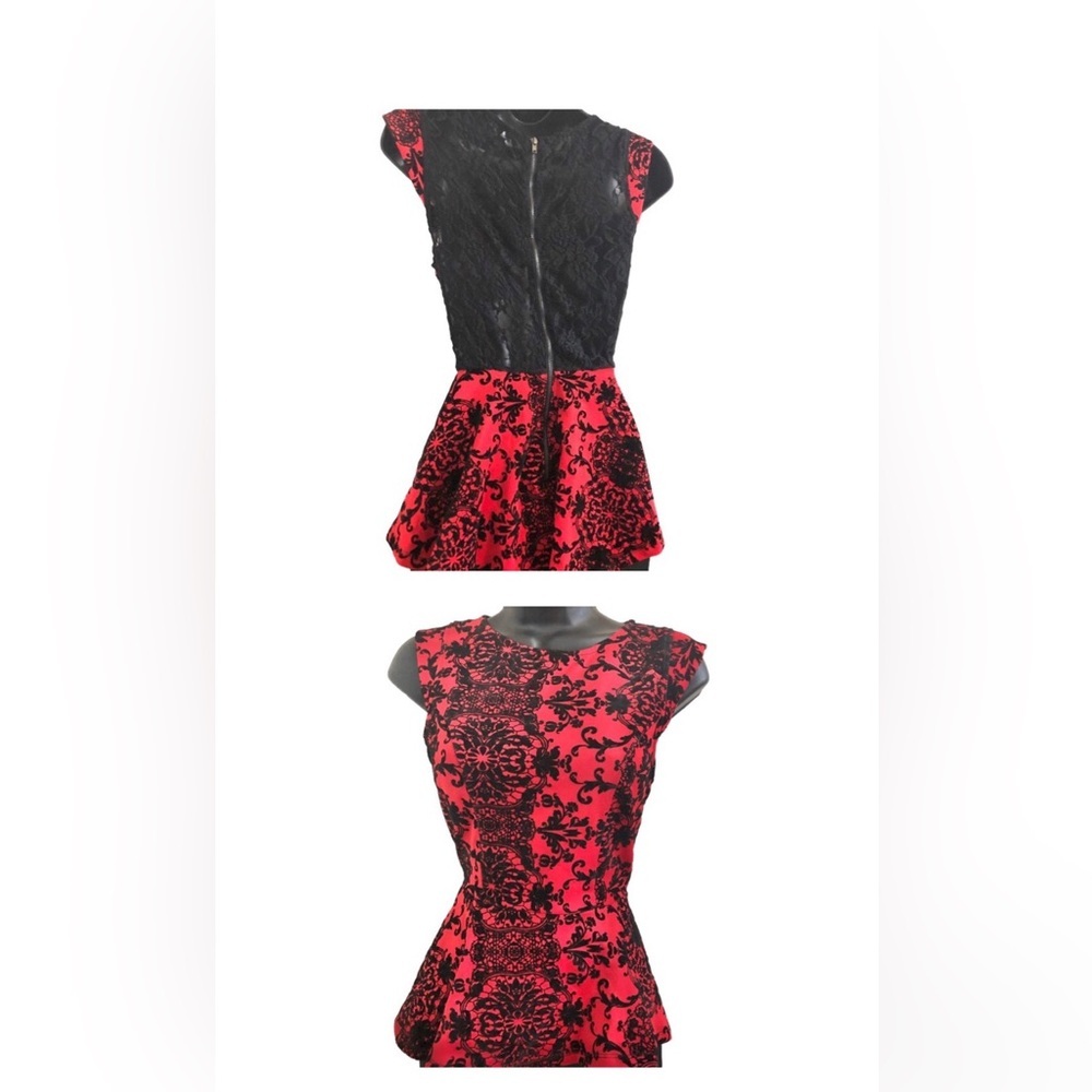 Red black floral embroidered lace back peplum fitted dress size small brand new - Picture 5 of 16